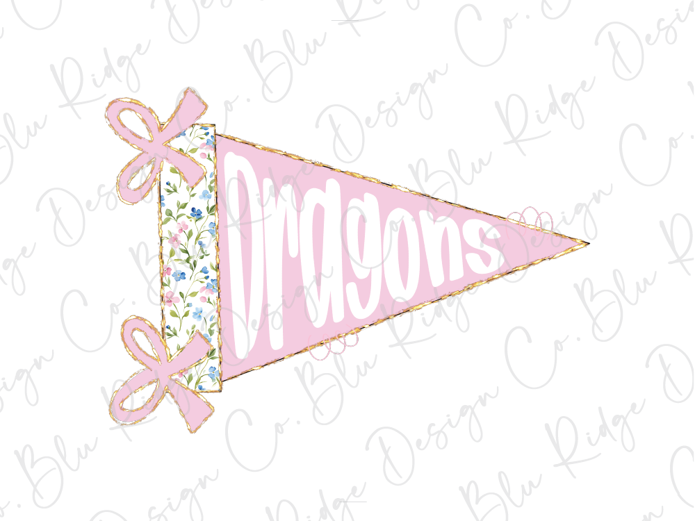 A pink triangular flag with the word "DRAGONS" written on it, along with two pink bows.