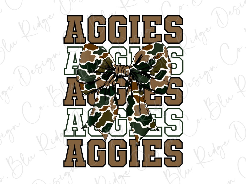 A collage of images featuring the word "AGGIES" in various sizes and orientations, with a camouflage bow in the center.
