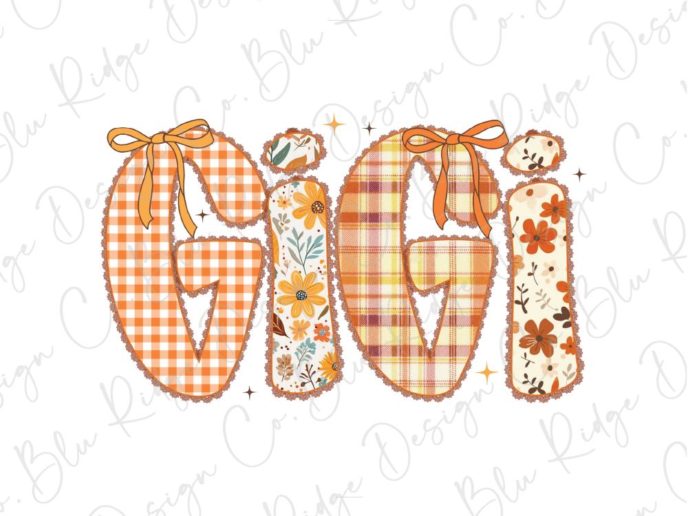 the word "Gigi" made up of various fabric pieces in different colors and patterns, including orange and white plaid, floral, and bow-like elements.