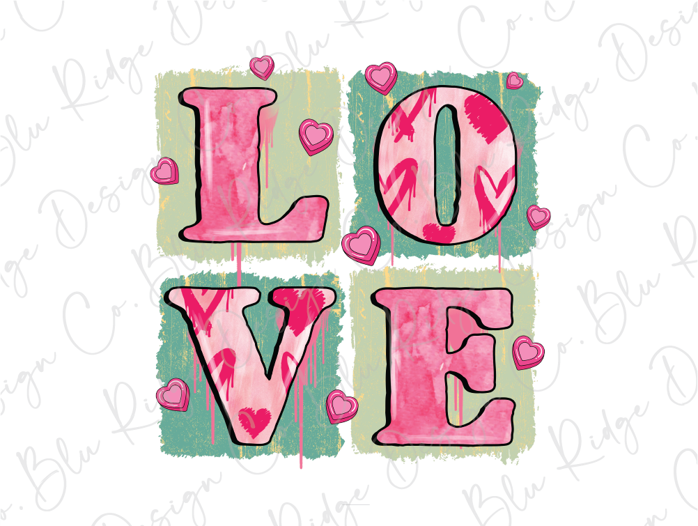 the word love is painted in pink and green