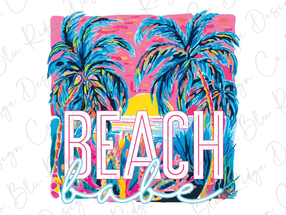 a beach scene with palm trees and the words beach