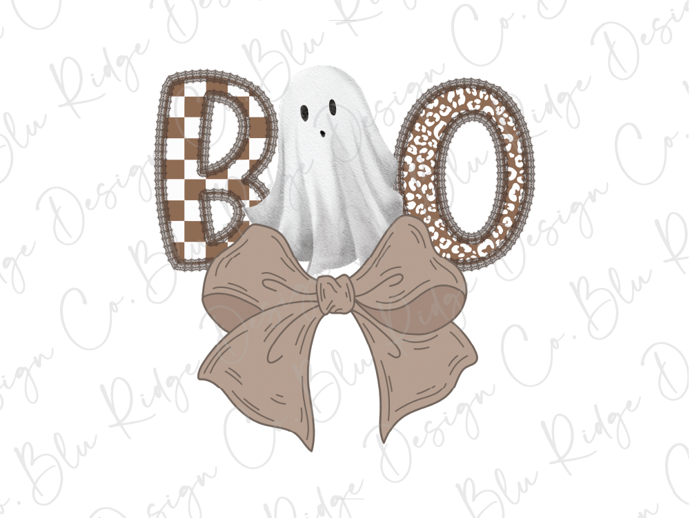 A ghost with a bow and leopard print pattern on its body, accompanied by the word "BOO" in a checkered pattern.