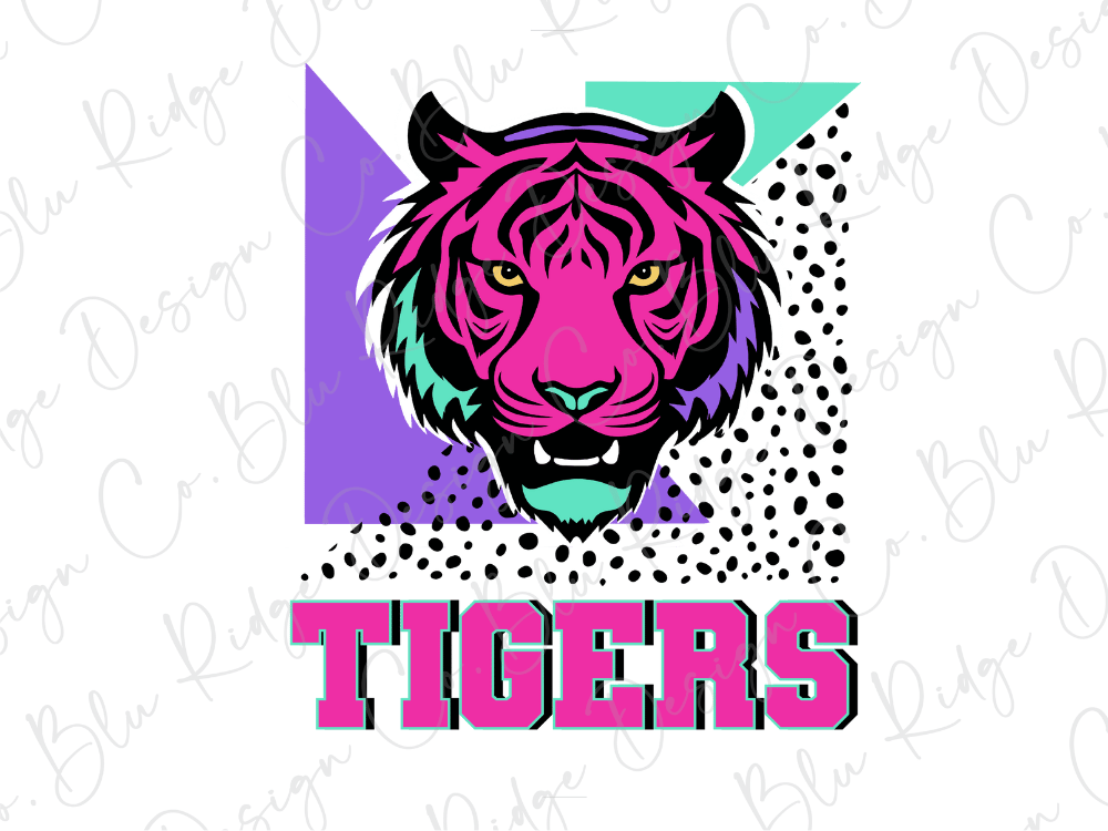 A stylized illustration of a tiger's head in pink and black, with a geometric background in shades of purple, green, and white. The word "TIGERS" is prominently displayed below the image.