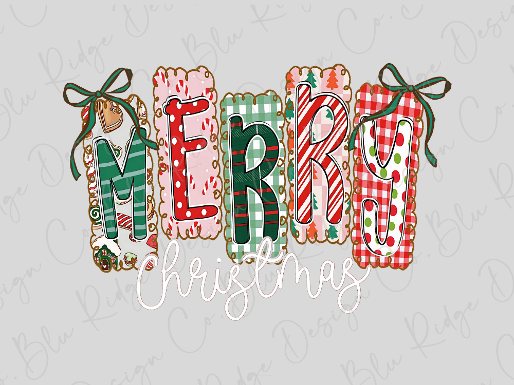 a festive Christmas-themed design with the word "MERRY" spelled out using colorful, decorative cookie cutouts.