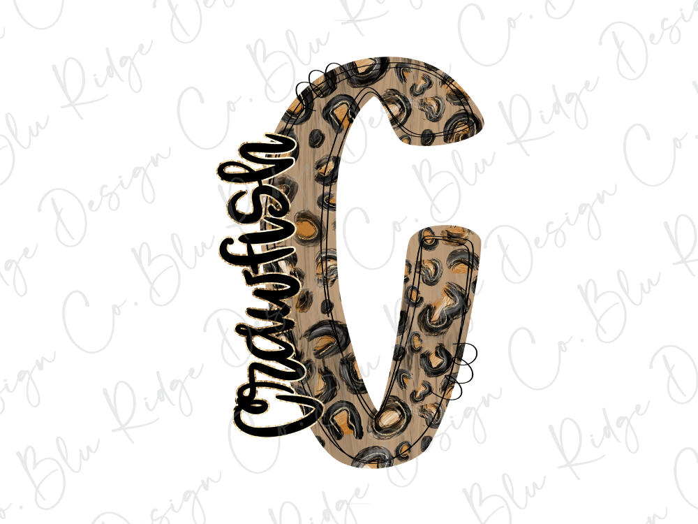 A stylized letter 'C' with a leopard print pattern, featuring the word "Crawfish" written in cursive script.