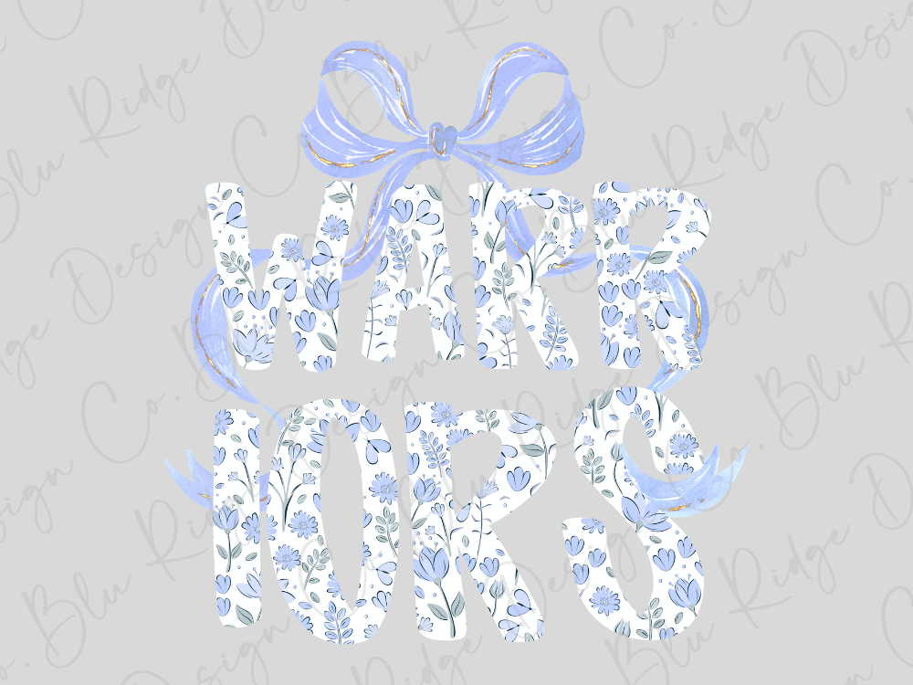 the word "WARRIORS" written in a stylized, floral-patterned font, with a blue ribbon-like design above the text.