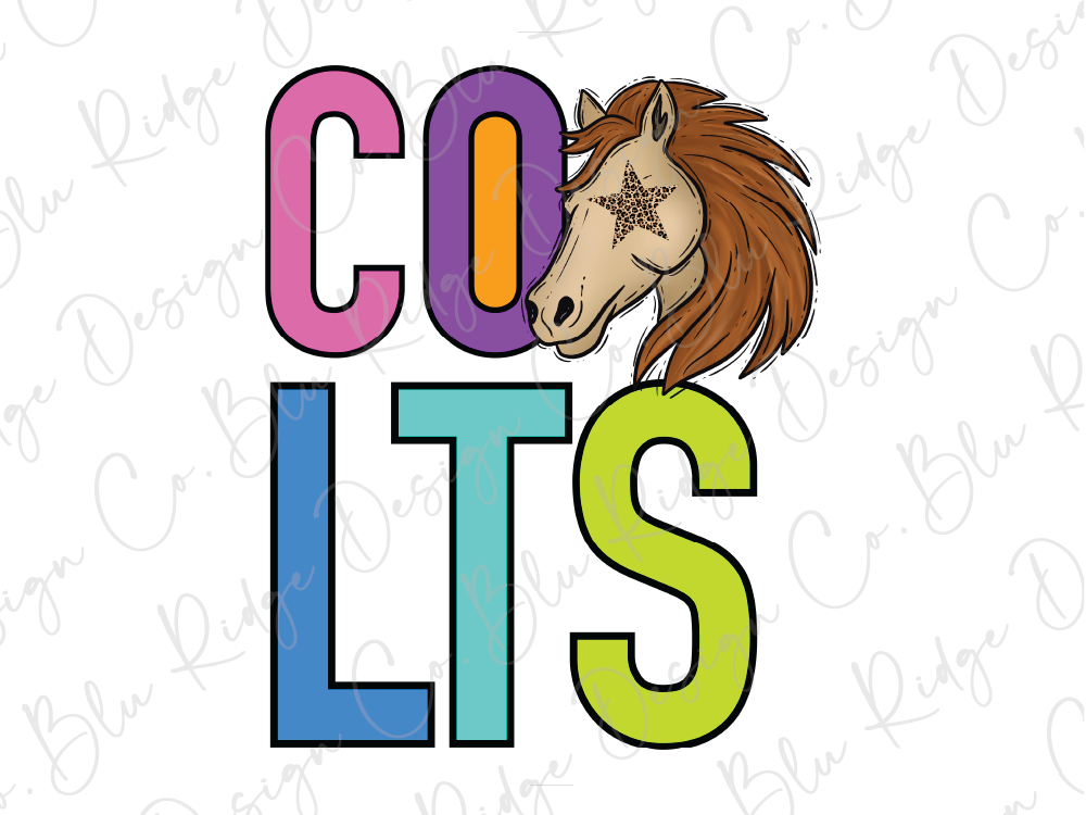 A colorful and stylized representation of the word "COLTS" with a stylized horse's head and star-shaped eyes.
