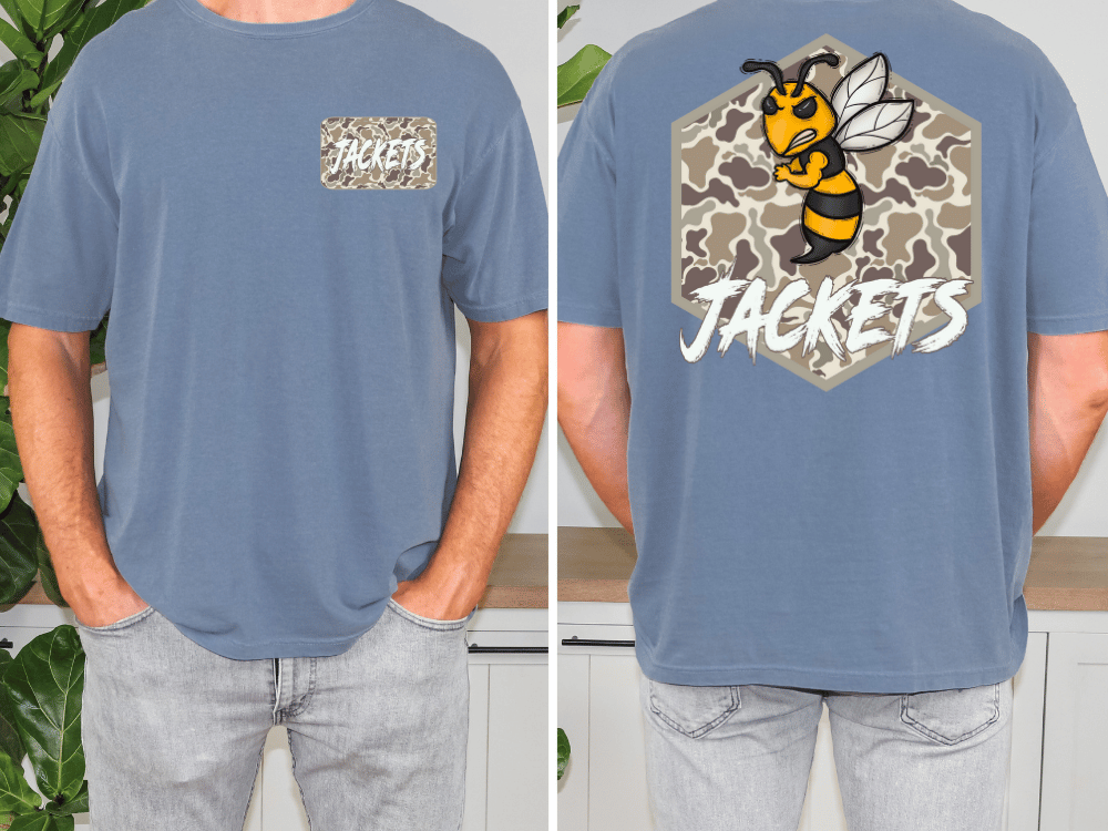 a man wearing a blue t-shirt with a graphic design on the back. The design features a cartoon bee with the word "JACKETS" written below it.