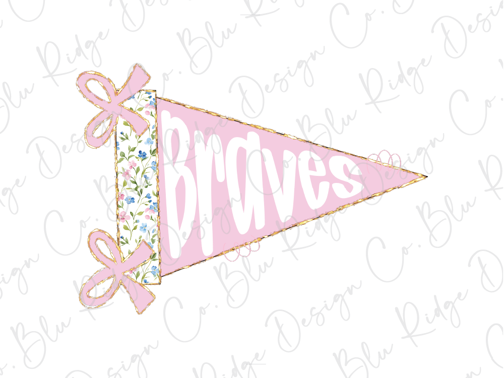 A pink triangular flag with the word "Braves" written on it, along with two pink bows.