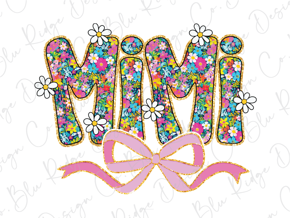 the word mom is decorated with flowers and a bow
