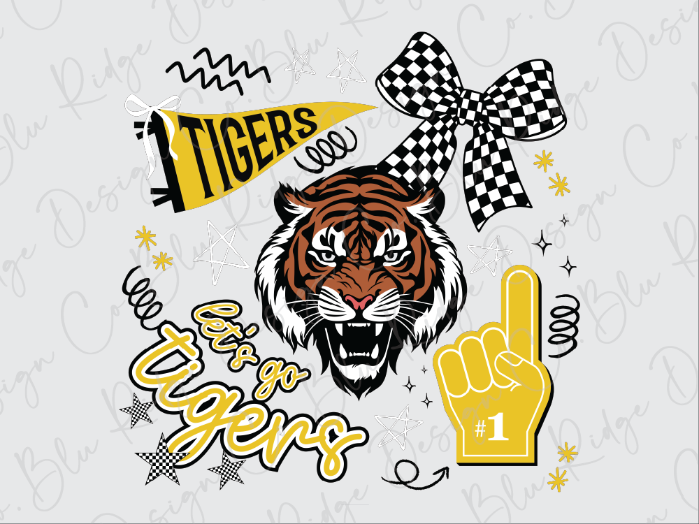 The image is a collage featuring various elements related to the word "TIGERS", including a tiger's head, a checkered flag, a fan, a hand with a number one, and stars.