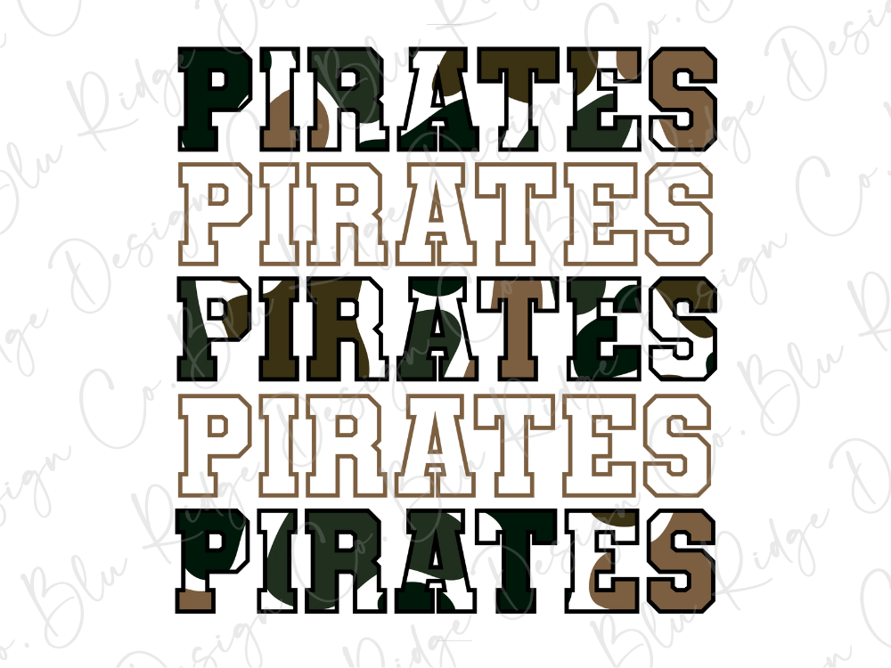 the text "PIRATES PIRATES PIRATES" in a camouflage pattern, with the letters arranged in a repeating pattern.