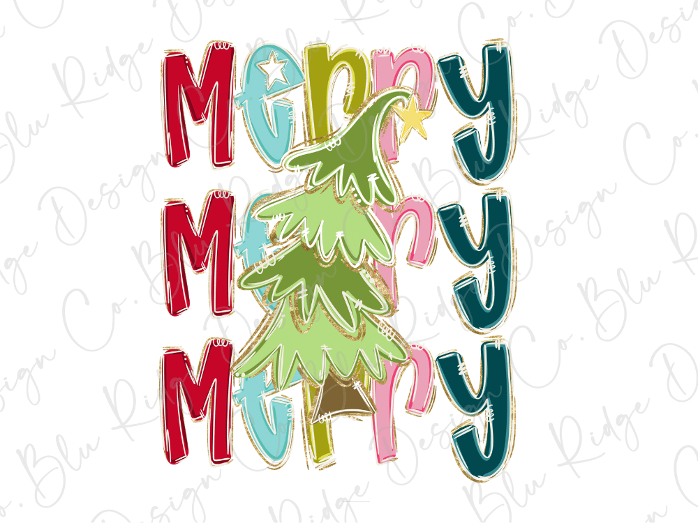 a colorful and playful arrangement of the word "Merry" in various fonts and colors, with a stylized Christmas tree incorporated into the design.