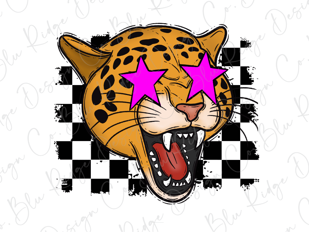 A stylized illustration of a leopard with large pink star-shaped eyes and an open mouth, set against a black and white checkered background.