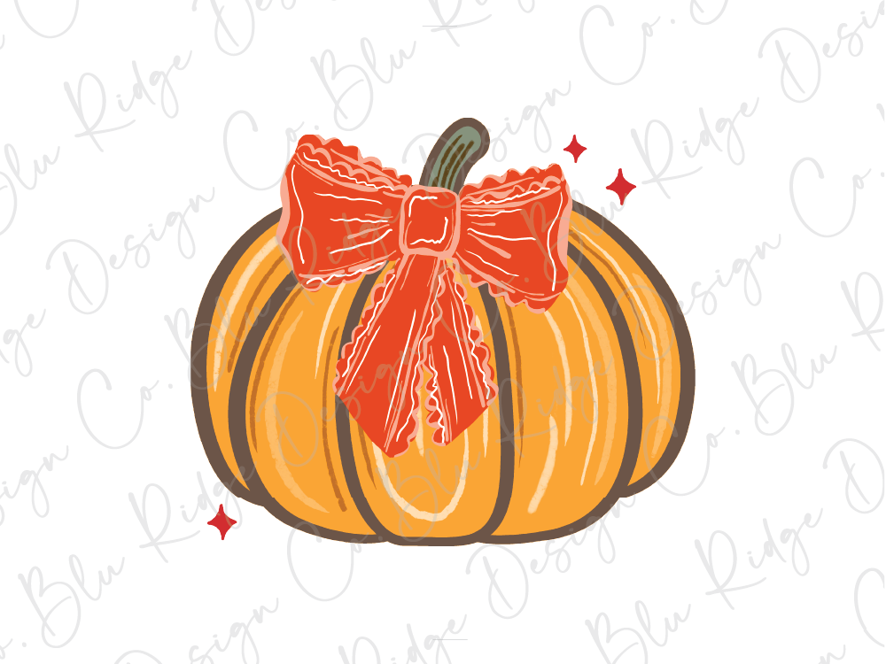 A large orange pumpkin with a red bow tied around it, set against a white background with scattered red stars.