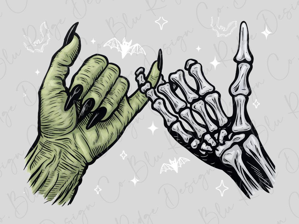 two skeletal hands, one green and one black, making a "pinky" hand gesture.