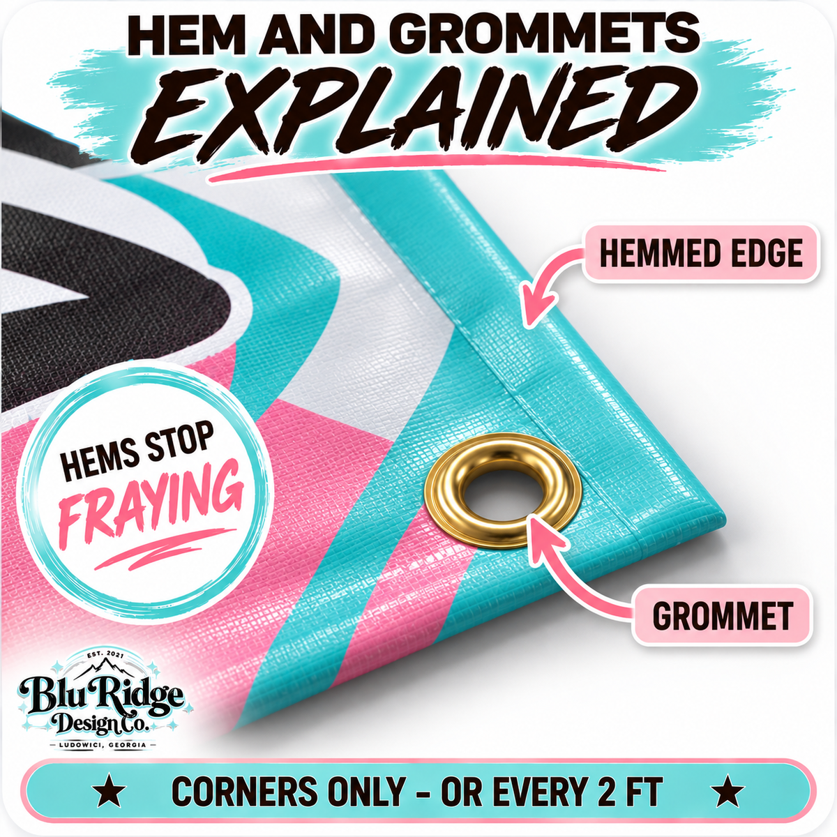 Close up of a banner corner showing the hemmed welded edge and a metal grommet