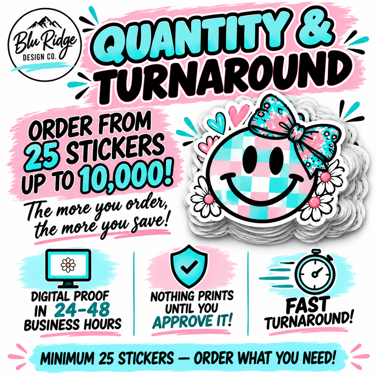 Order custom vinyl stickers from 25 up to 10,000 with a digital proof back in 24 to 48 business hours