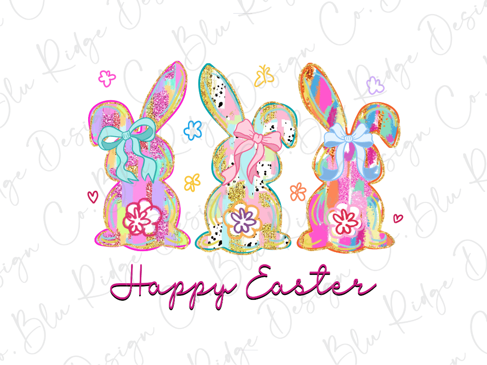 Happy Easter Faux Glitter Watercolor Bunnies Graphic T-Shirt