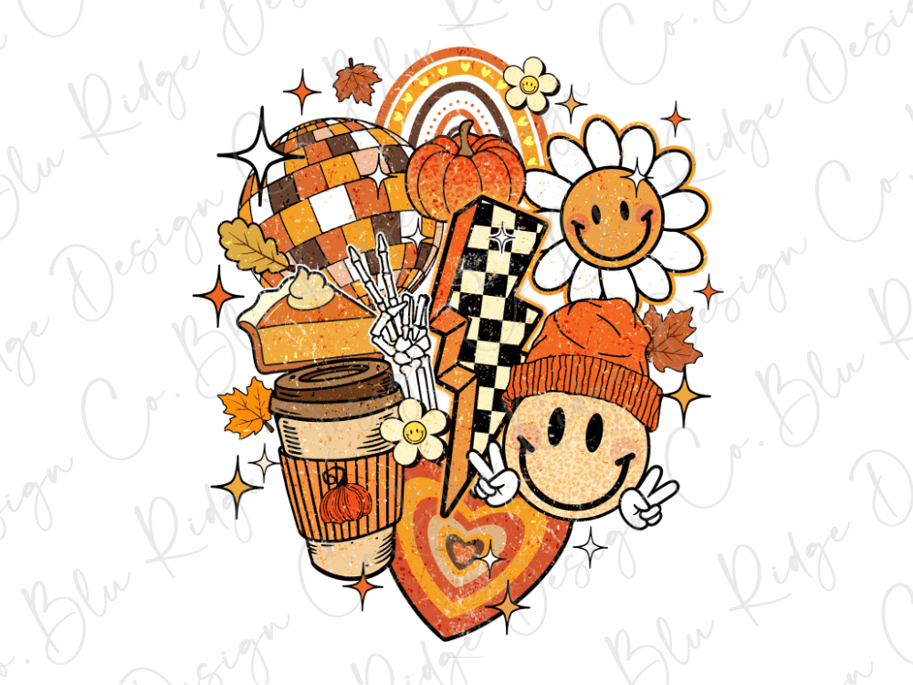 Retro Groovy Fall Latte Smiley Collage Graphic T-Shirt