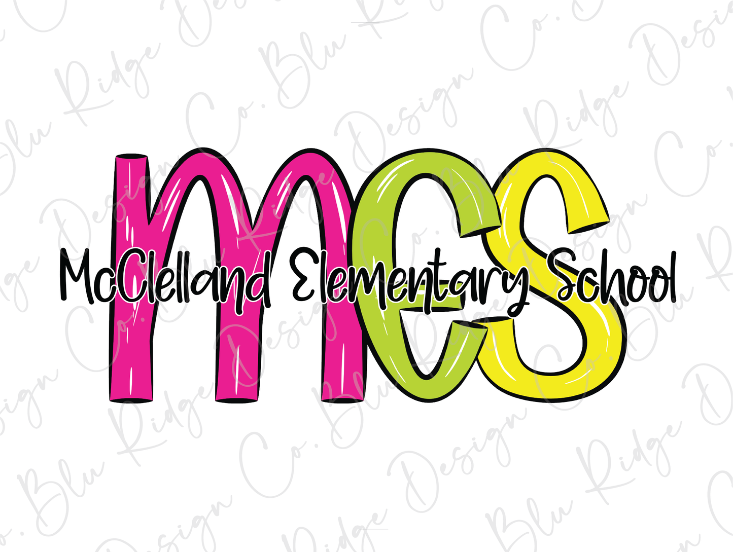McClelland Elementary School MES Initials Blue Tide School Spirit Bright Letters Graphic T-Shirt