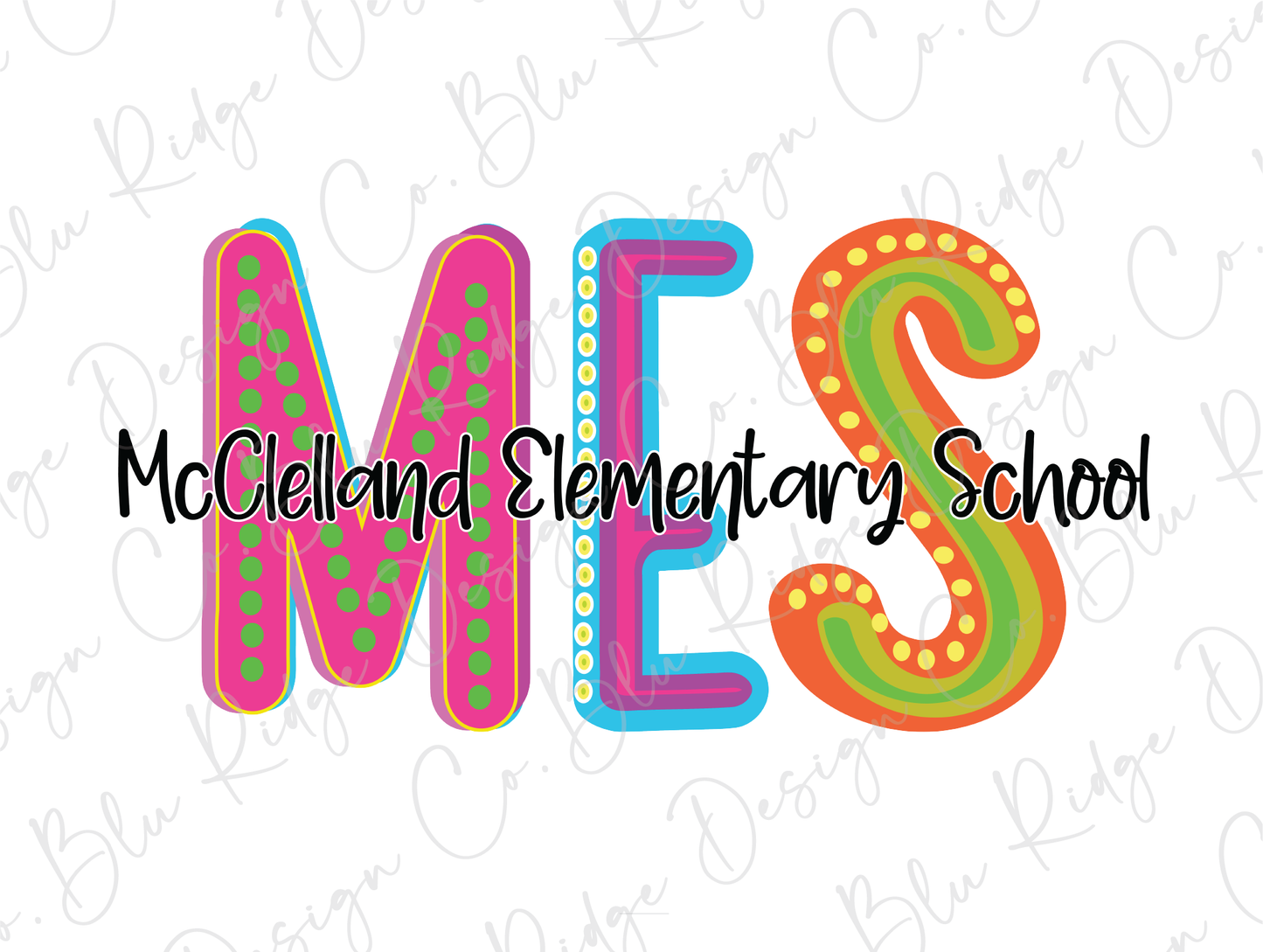 McClelland Elementary School MES Initials Blue Tide School Spirit Neon Letters Graphic T-Shirt