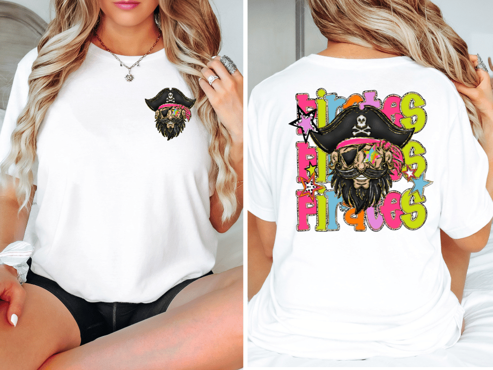Neon Faux Glitter Pirates (Back/Pocket Combo) Graphic T-Shirt