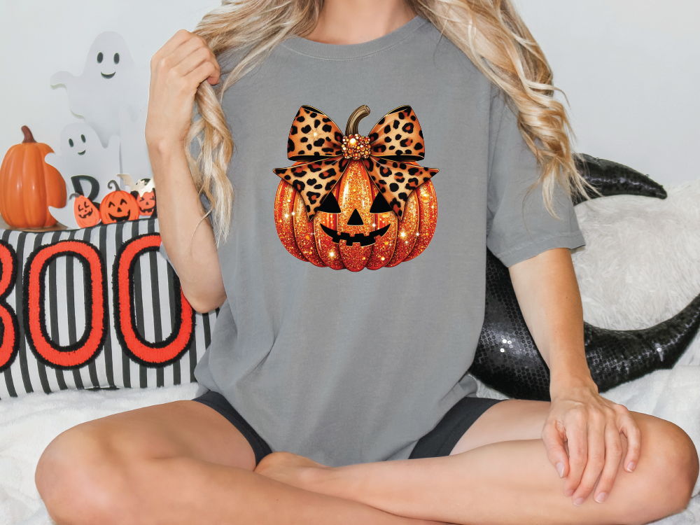 Faux Glitter Pumpkin Leopard Coquette Graphic T-Shirt