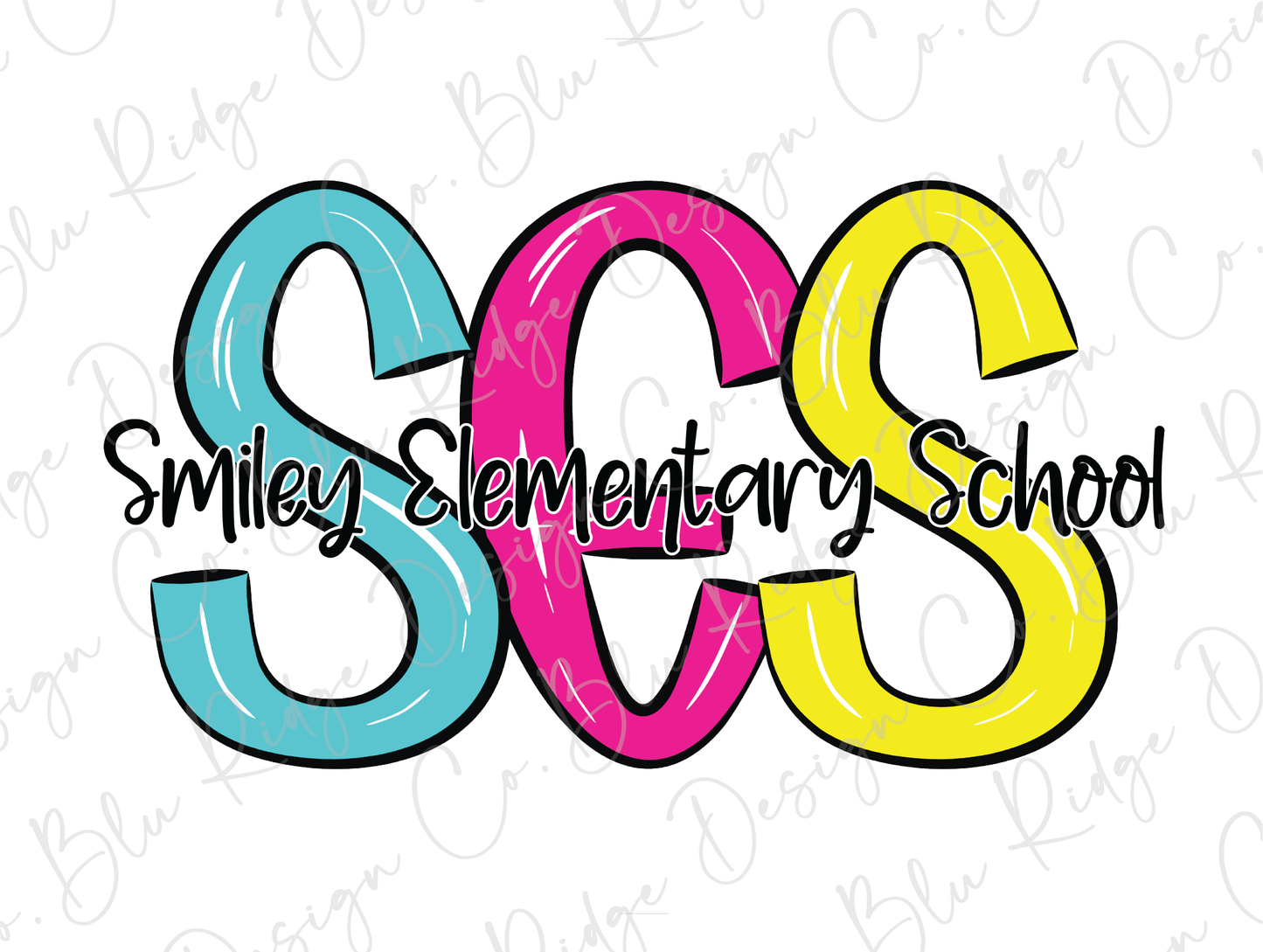 Smiley Elementary School SES Initials Blue Tide School Spirit Bright Letters Graphic T-Shirt