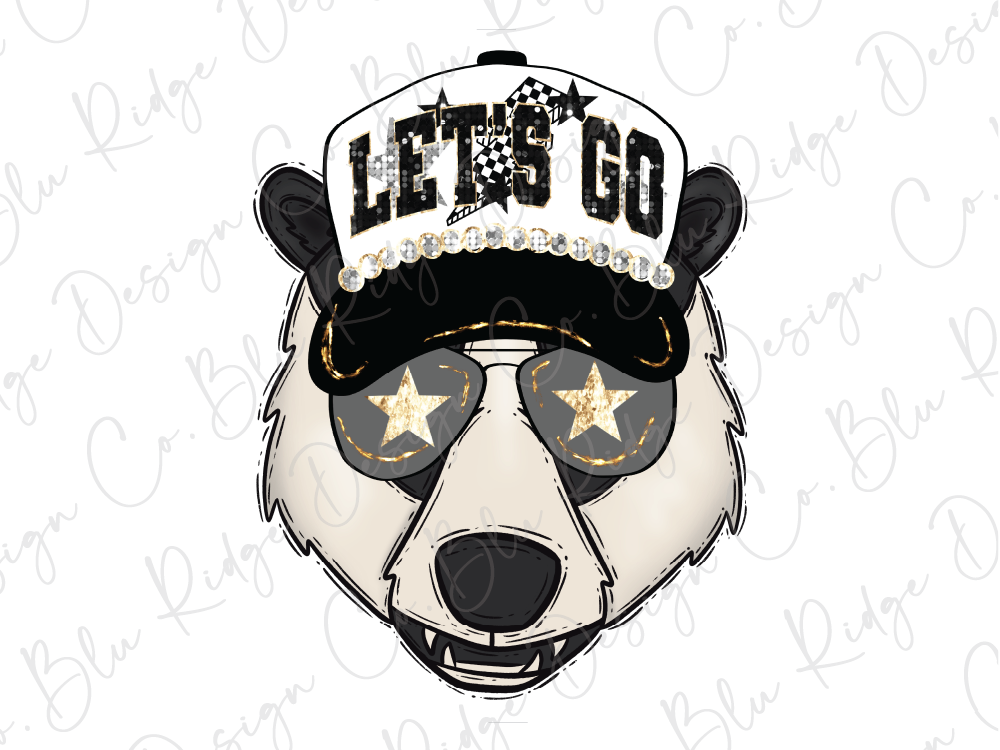 A cartoon panda wearing a hat with the text "LET'S GO" and sunglasses with stars on them.