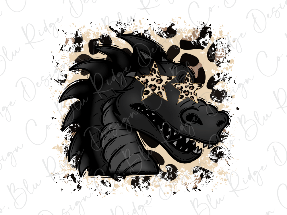 A stylized illustration of a dragon head with two star-shaped eyes, surrounded by a pattern of black and brown spots.