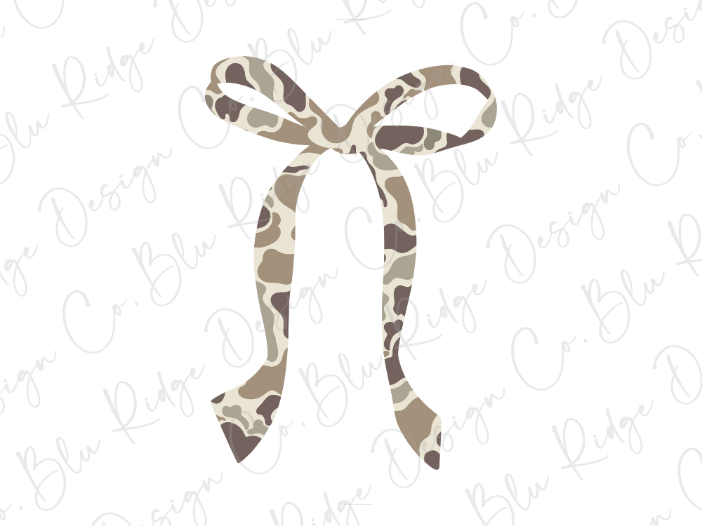 A camouflage-patterned ribbon or bow is shown against a white background with the text "Design" repeated multiple times.