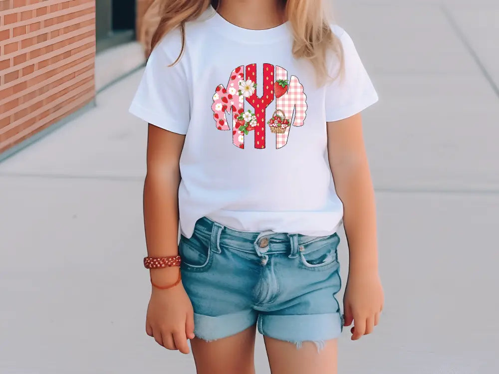 a little girl wearing a white shirt and denim shorts