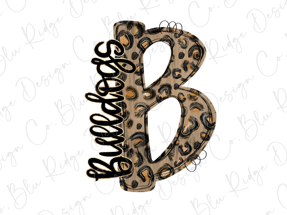 A stylized letter 'B' with a leopard print pattern, featuring the word "Bulldogs" written in cursive script.