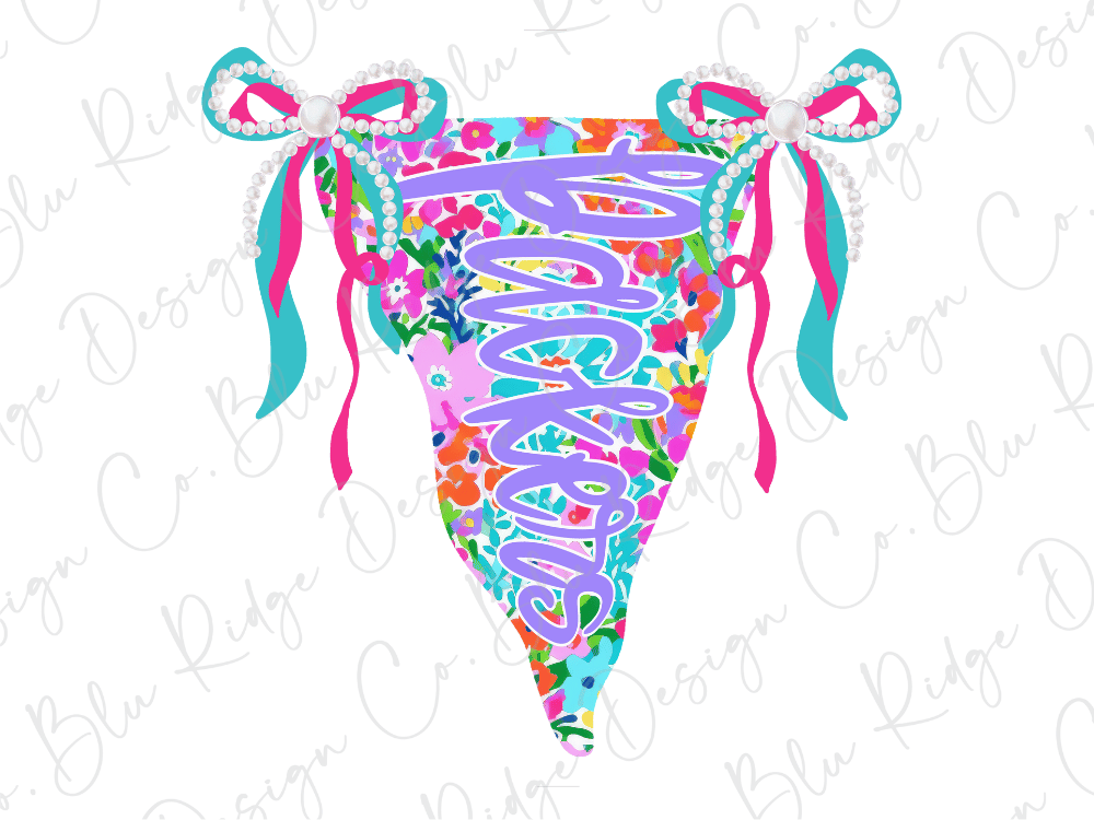 A colorful, floral-patterned banner with the word "Lucky" written on it, adorned with bows and ribbons.