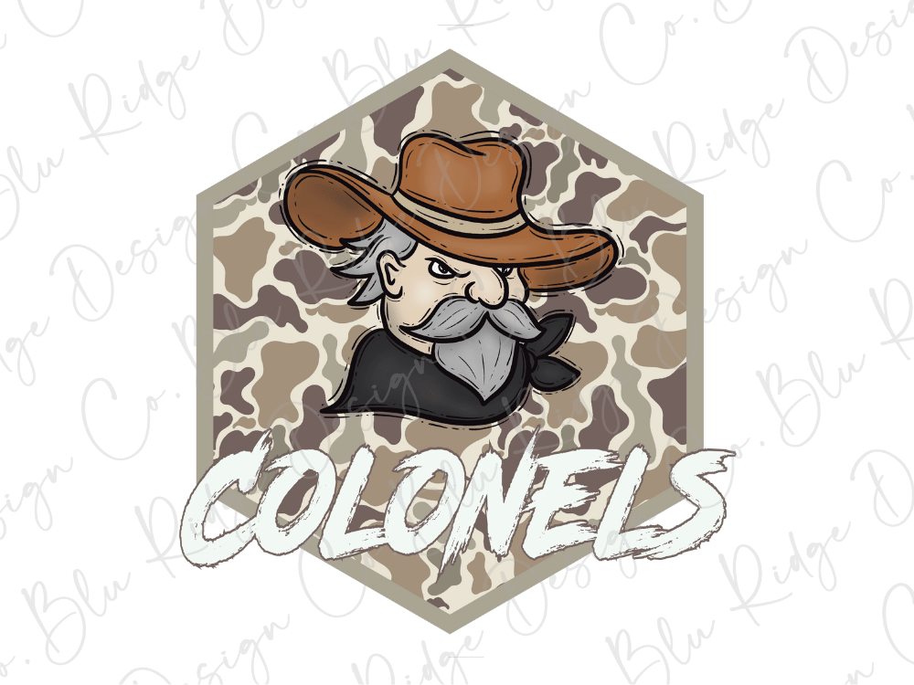 A cartoon-style illustration of a man wearing a cowboy hat and a bandana, with the word "COLONELS" written below the image.