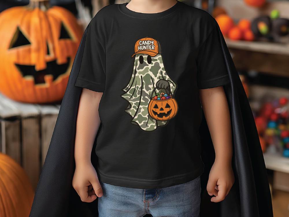 A child wearing a black t-shirt with a Halloween-themed graphic of a ghost holding a pumpkin and candy.