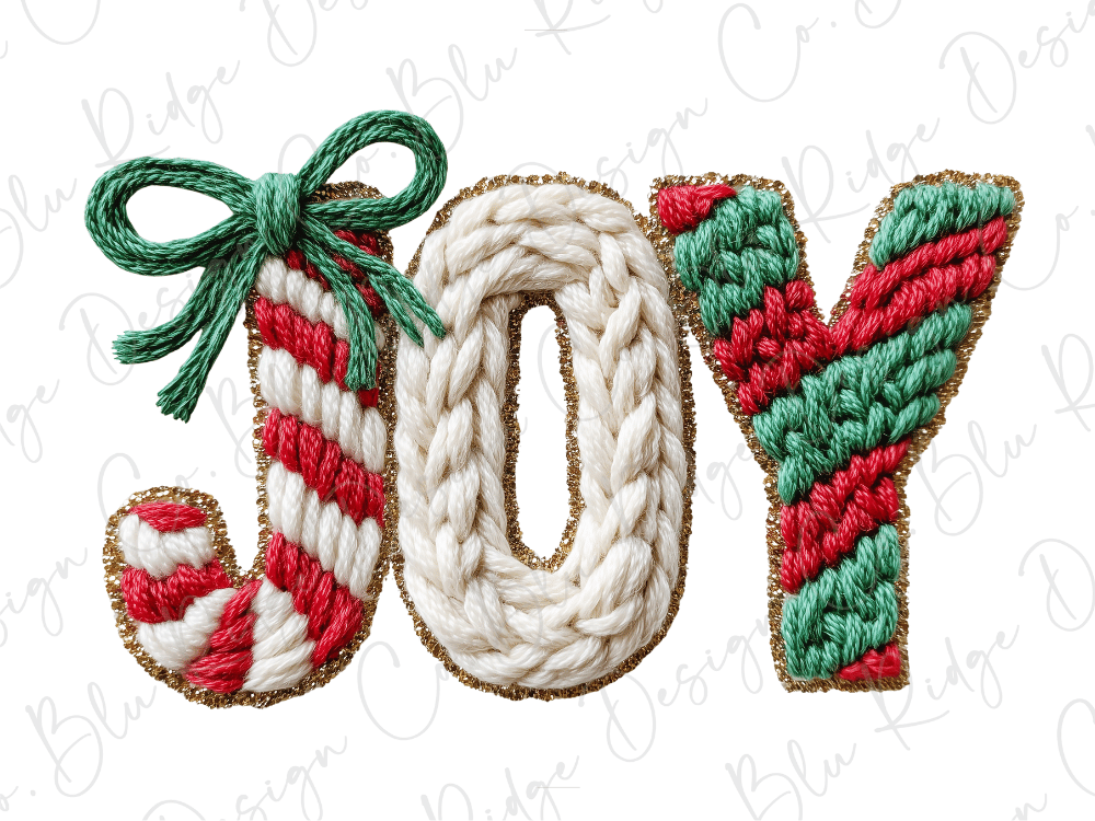 a creative and festive design made up of various text elements, including the word "Joy" made up of yarn and a candy cane-like structure.