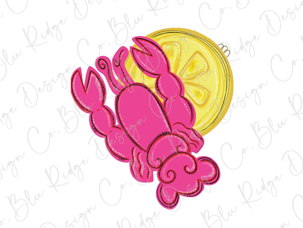 a pink crab with a slice of lemon on a white background