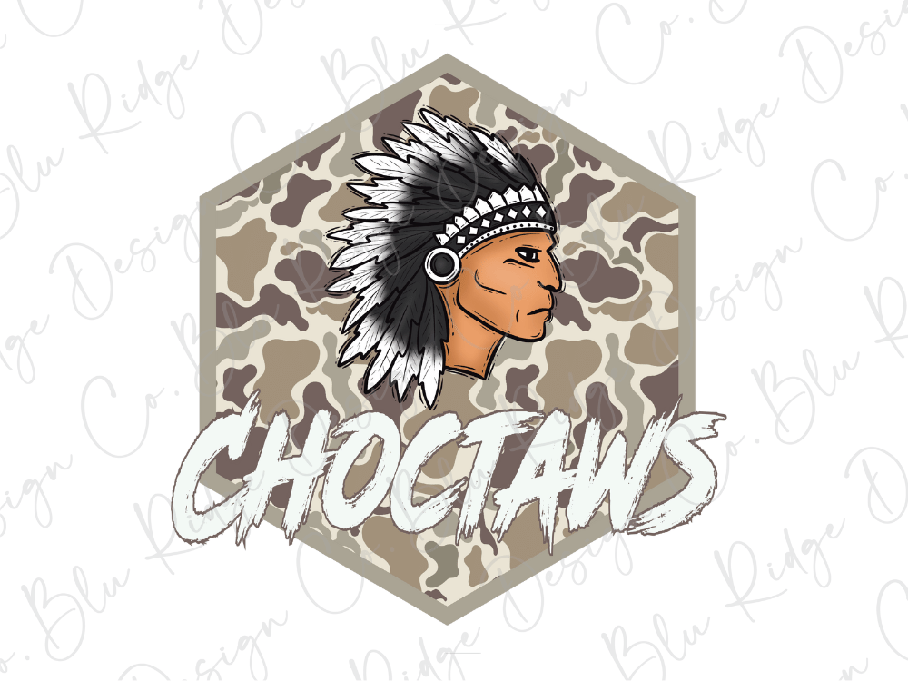 A stylized illustration of a Native American headdress with the word "CHOCTAWKS" written below it, set against a camouflage pattern.