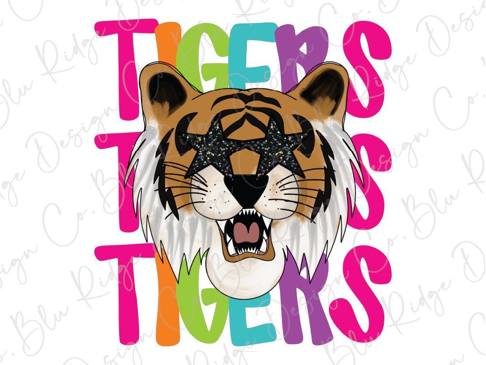 A stylized illustration of a tiger's head with a star-shaped eye mask, surrounded by colorful text that reads "TIGERS".