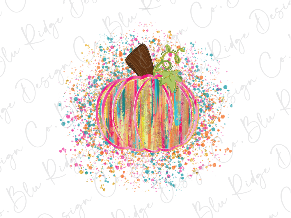 A colorful, abstract illustration of a pumpkin with a brown stem and green leaves, surrounded by a vibrant array of multicolored splatters and dots.