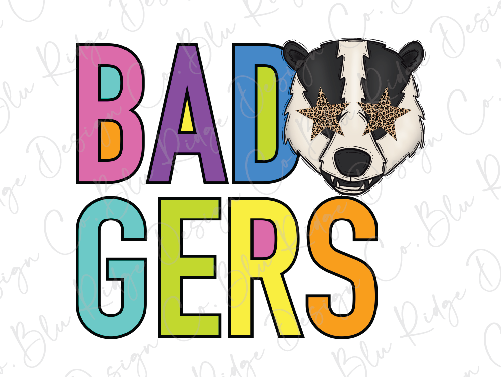a colorful and playful design with the word "Badgers" written in large letters, accompanied by a cartoon badger's face with star-shaped eyes.