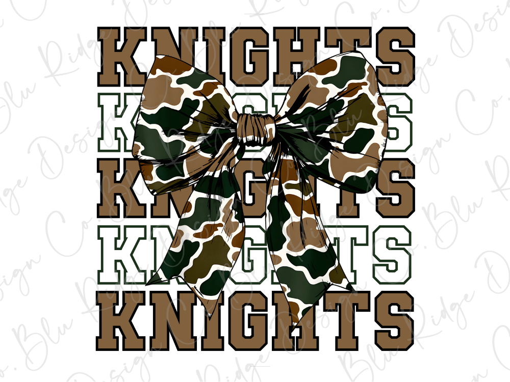 A camouflage bow with the word "KNIGHTS" written in a bold, brown font.