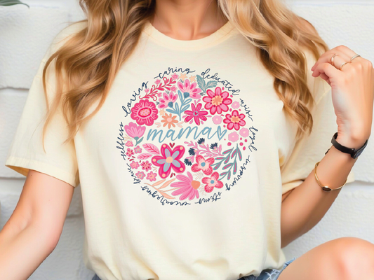 a woman wearing a t - shirt with a floral design