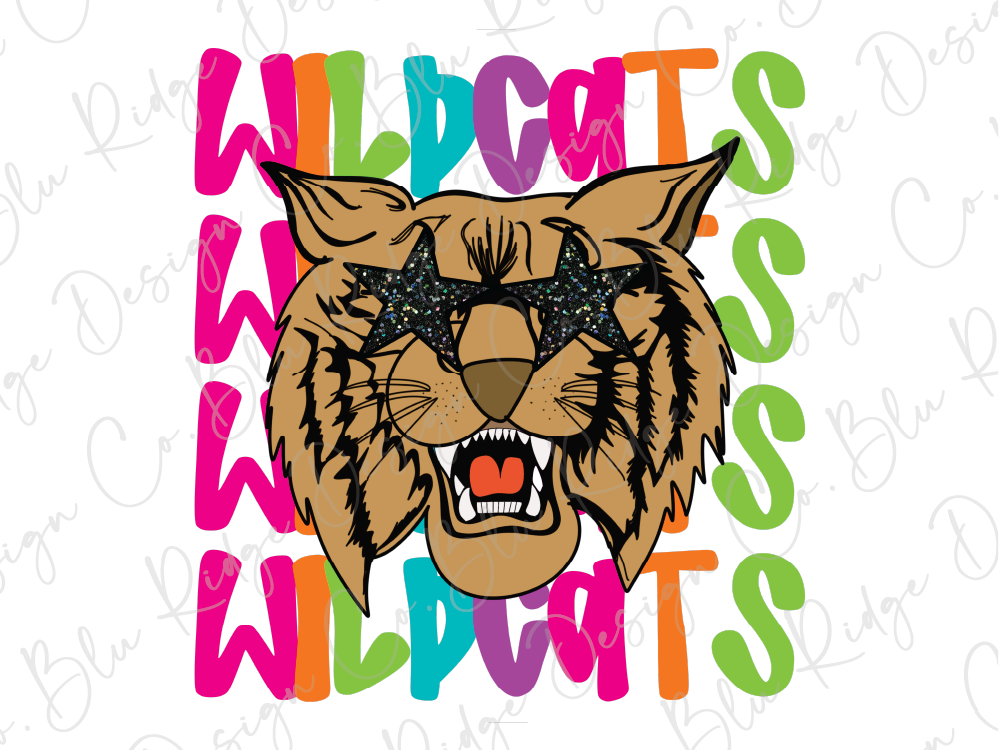 A stylized illustration of a tiger's head wearing sunglasses, with the word "WILDCATS" written in a colorful, overlapping pattern around it.
