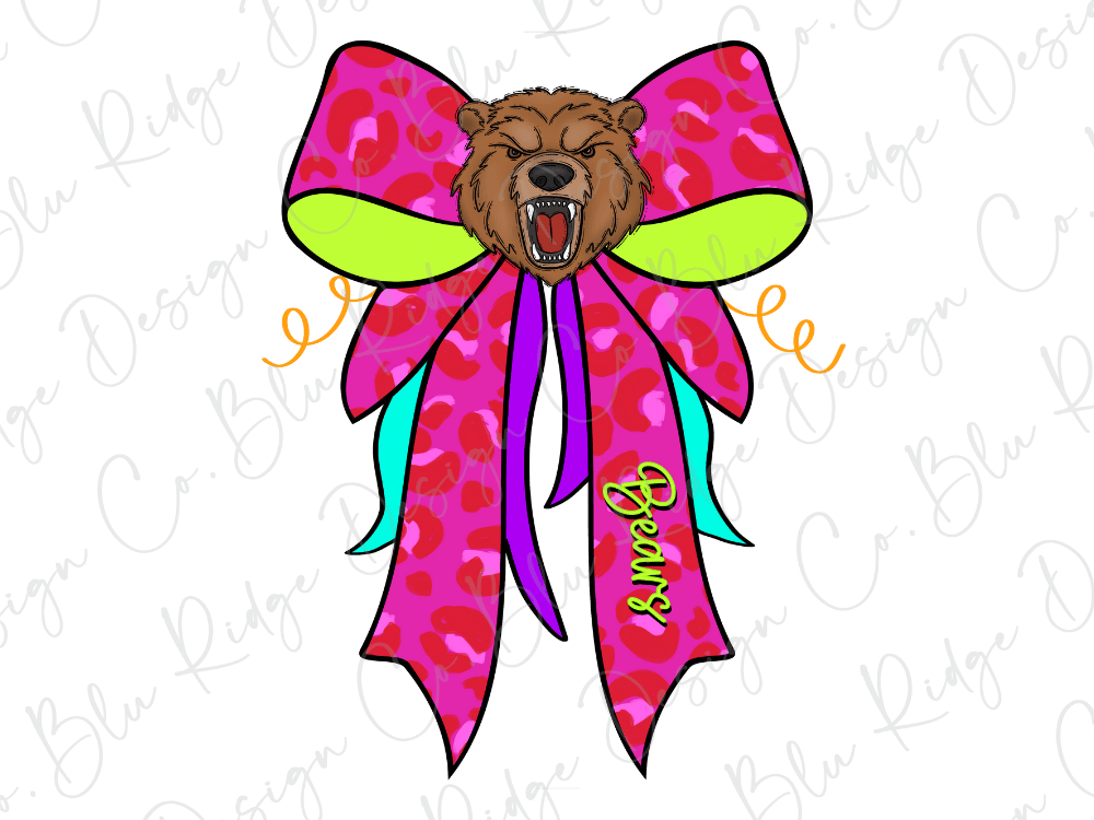 A cartoon illustration of a bear's head wearing a large pink bow with a leopard print pattern.
