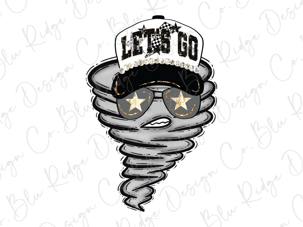 A stylized illustration of a storm or twister with a hat and sunglasses, along with the text "LET'S GO" printed on it.