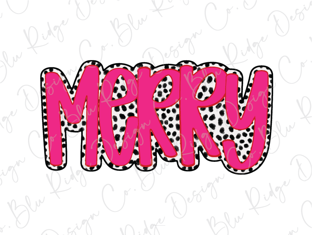 the word merry written in pink and black polka dots
