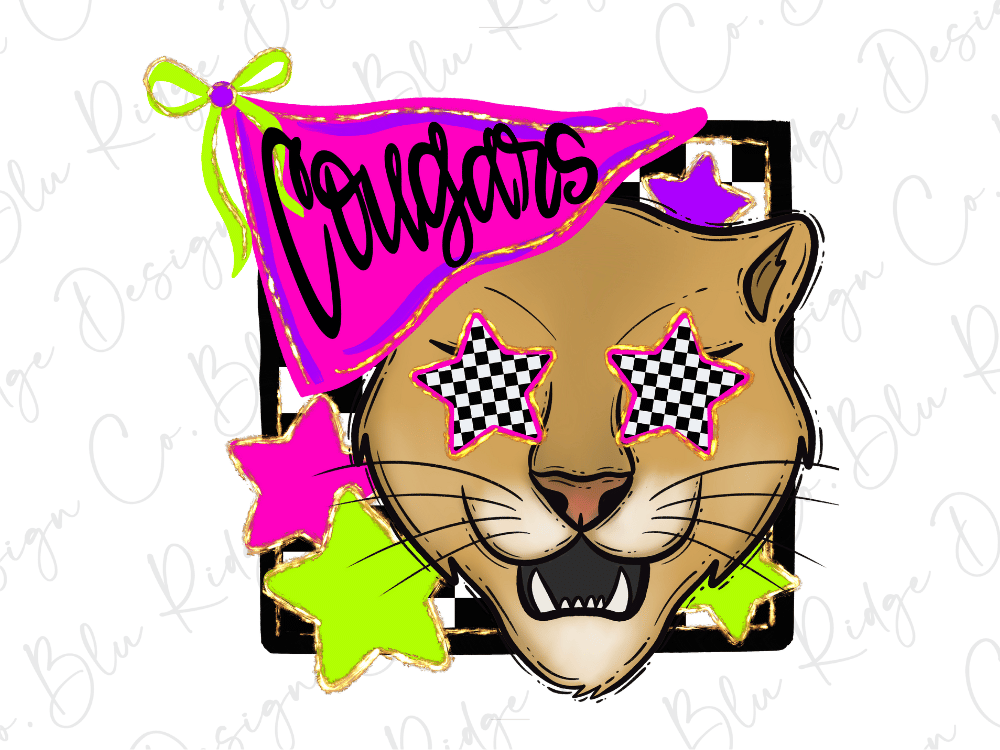 A cartoon image of a cougar wearing a pink and green checkered hat with the word "Cougars" written on it, surrounded by stars and other colorful elements.
